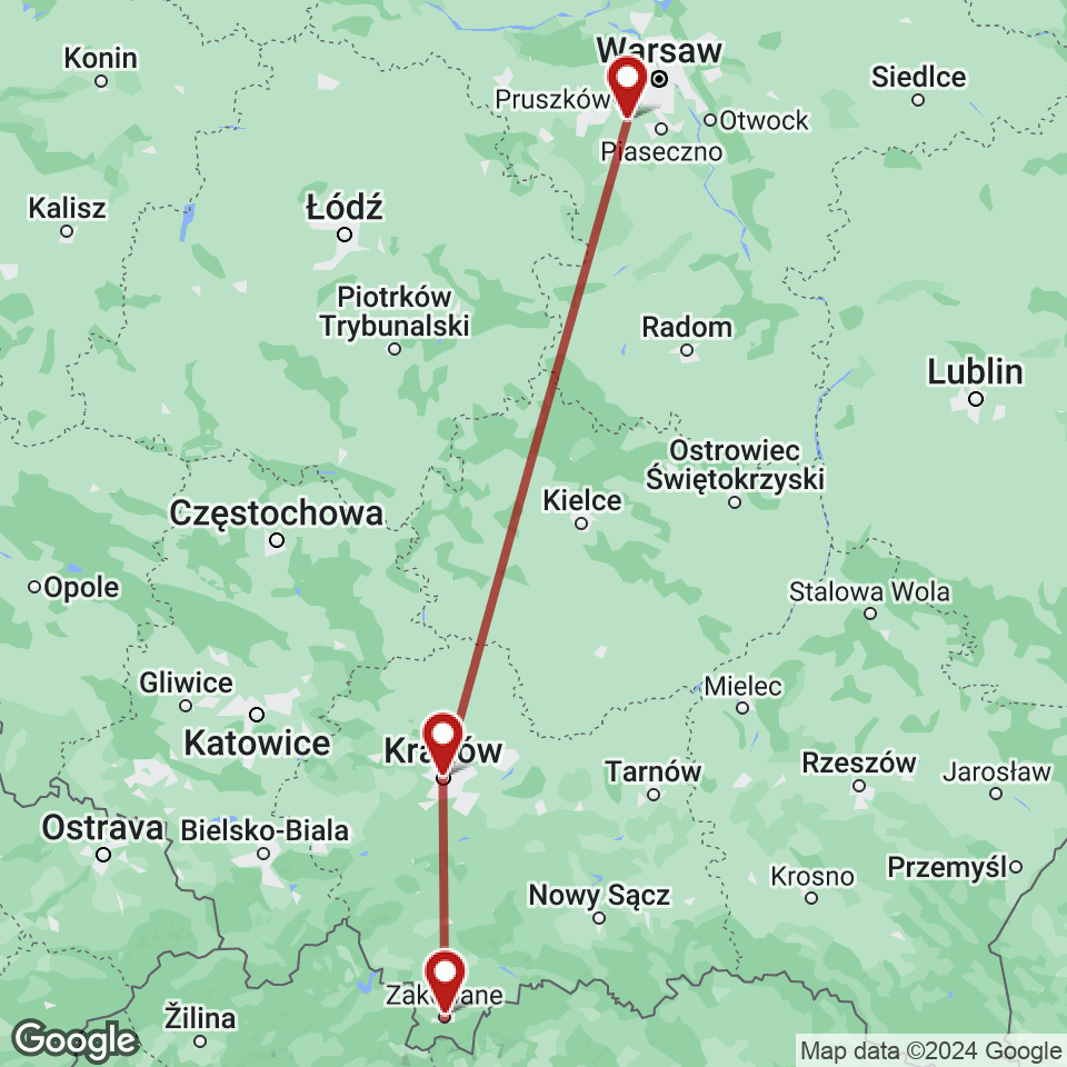 Route for Zakopane, Krakow, Warsaw tour